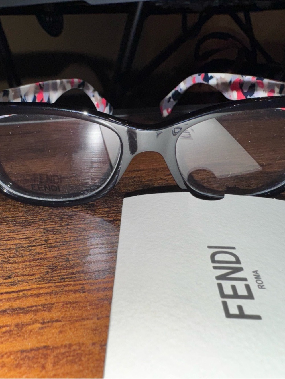 Fendi Optical Black Frames with Pink, White and Navy Camo Temples New w COA card